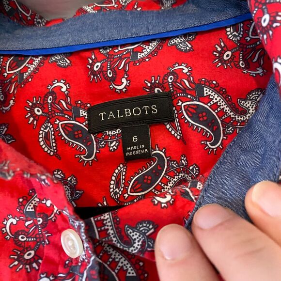 Talbots size 6 Paisley Patterned Americana Red Business Casual Button Down Shirt - Picture 3 of 11